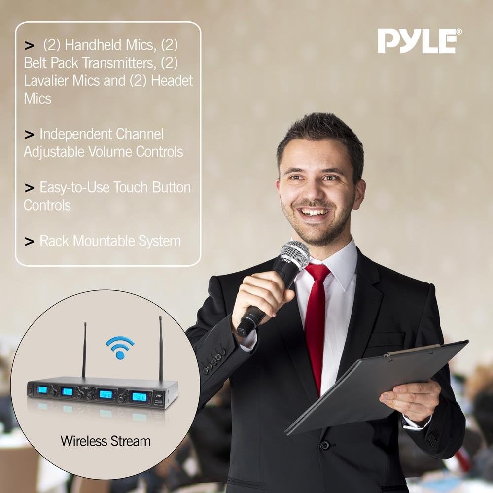 Pyle Upgraded Wireless Microphone System - 4-Channel, Includes (2) Handheld Mics, (2) Beltpack, (2) Lavalier Mics & (2) Headset Mics-PDWM4350U.5