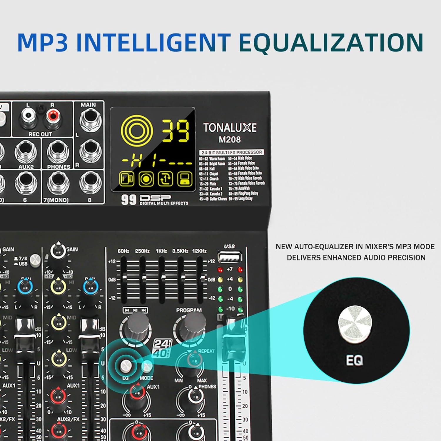 8 Channel Mixer Audio, Professional Music Sound PA Mixer DJ Mixing Board Console with 99 DSP Effects, 5-band EQ, Bluetooth, USB Interface, 48V Phantom Power for Recording Stage Karaoke