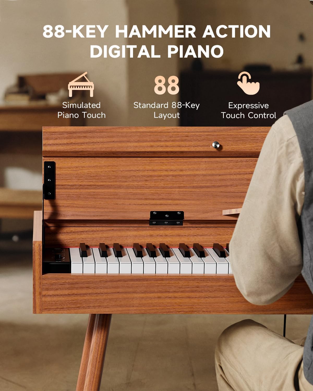 Eastar EUP-100 88 Key Weighted Keyboard Piano, Full-Size Home Digital Piano for Beginner, with Cover, Headphone, Music Stickers, Three-Pedal, Wireless Conection, Recording, MIDI - Retro Wood Color