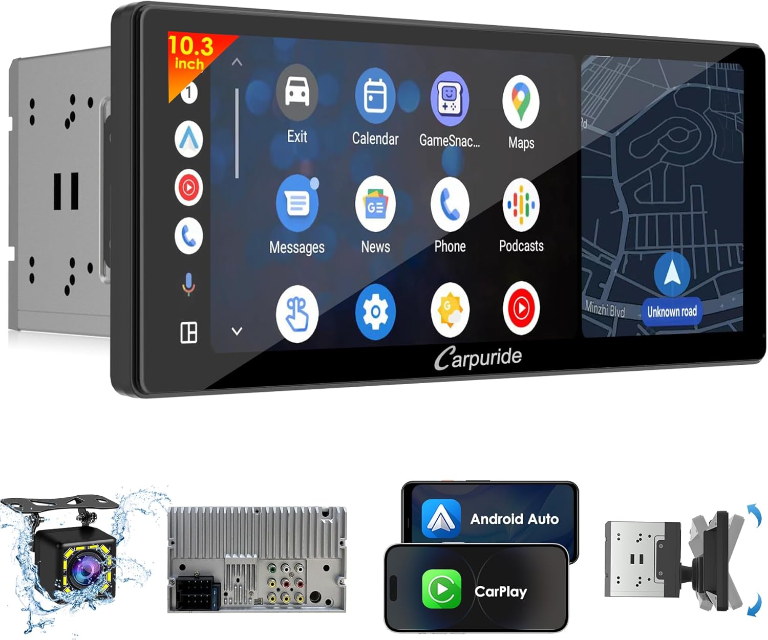 Carpuride Double Din Car Stereo with Wireless CarPlay Android Auto Car Radio 10.3
