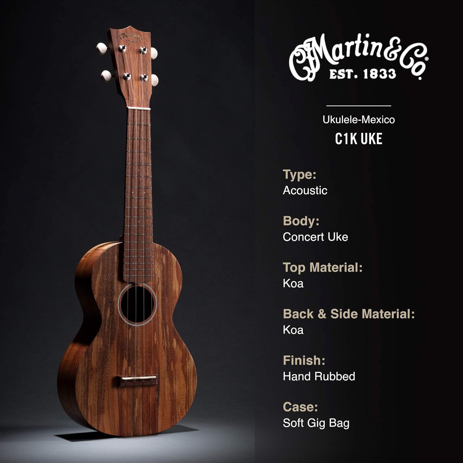 Martin Guitar C1K Acoustic Ukulele with Gig Bag, Hawaiian Koa Wood Construction, Hand-Rubbed Finish, Concert Ukulele Neck Shape with Standard Taper