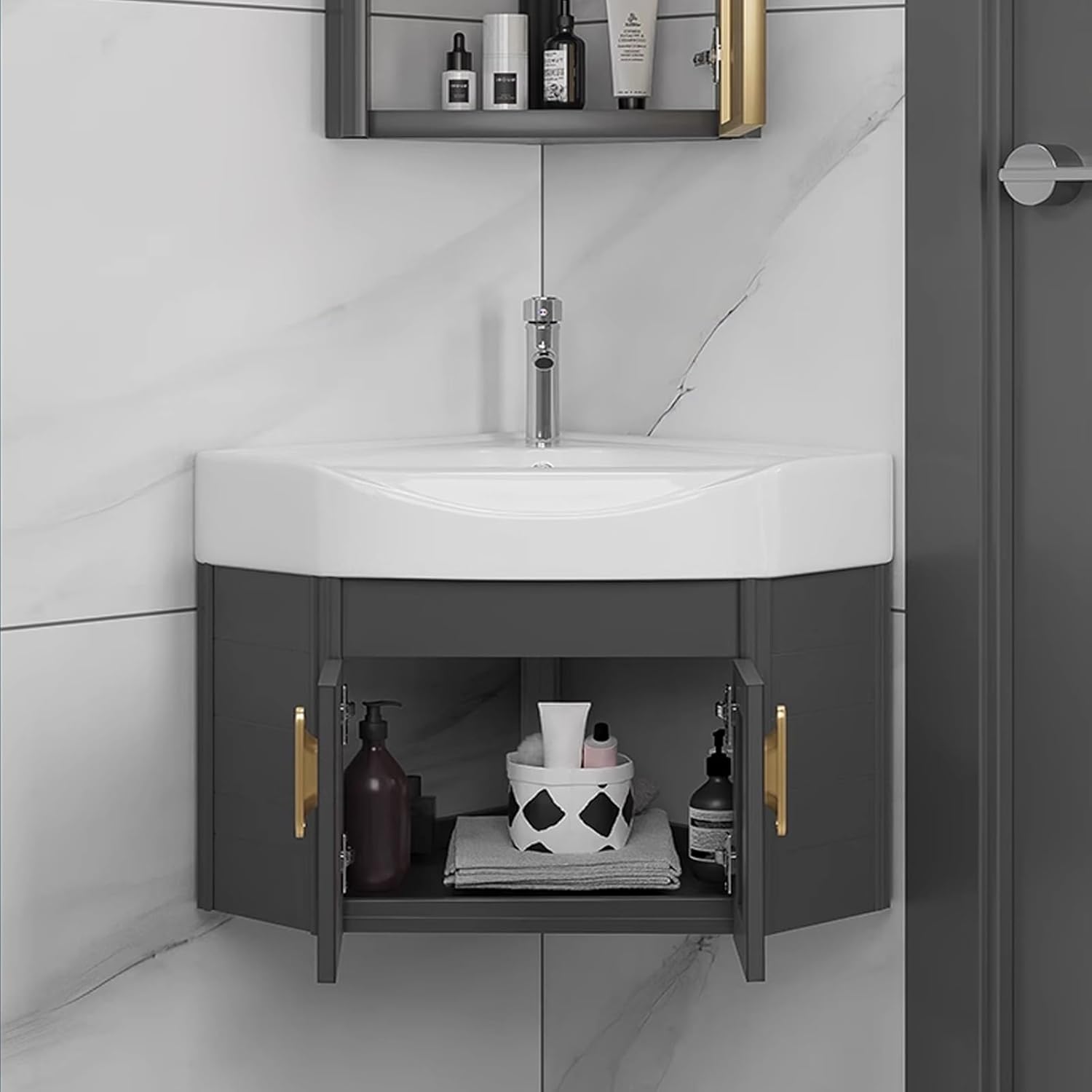 Ceramic Small Space Wall Mounted Cabinet Set,Corner Bathroom Vanity cabinets,Bathroom Cabinet with Faucet and Drain,for Home Kitchen Patio Laundry Room.(Color:Black,Size:56 * 56cm)