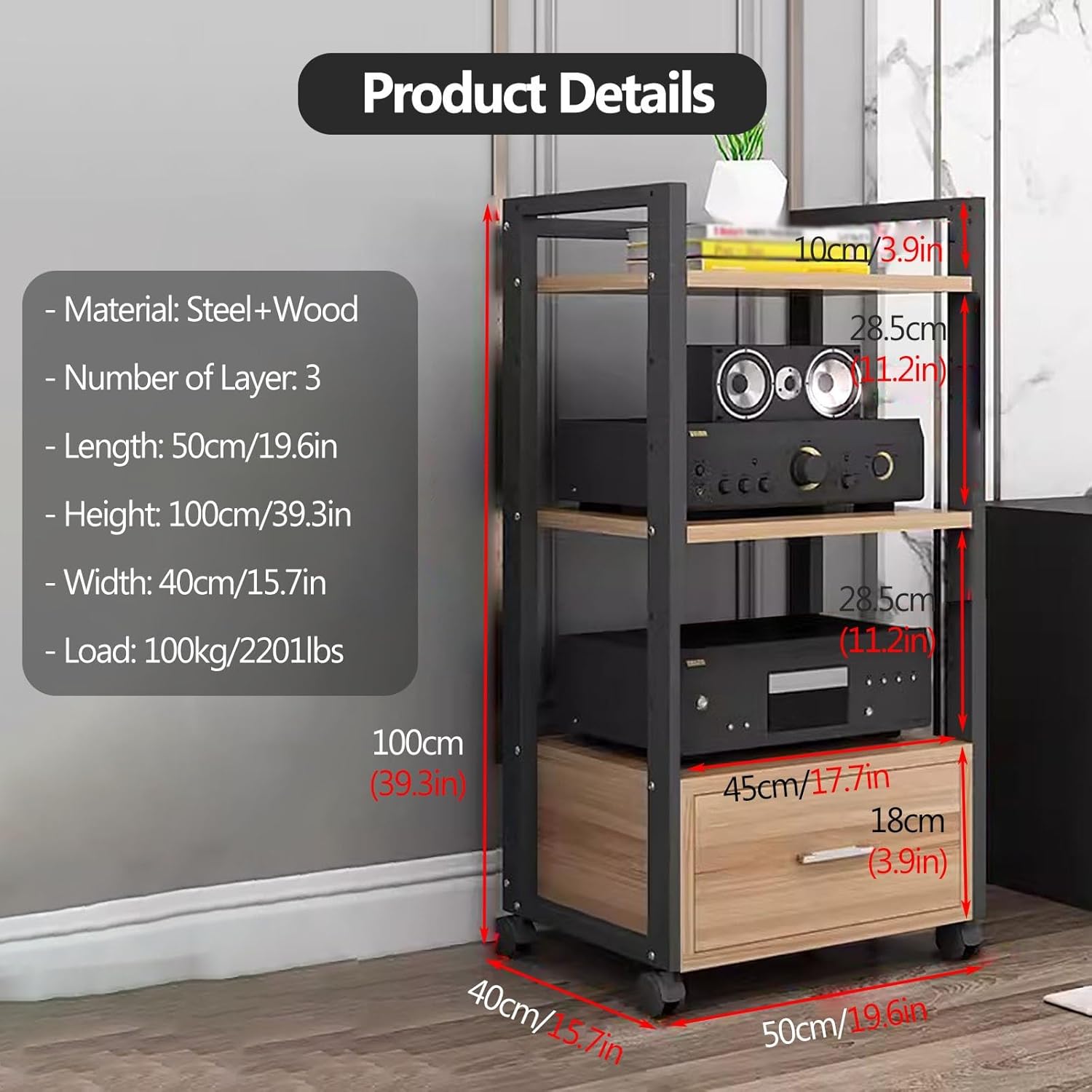 3/4/5-Tier Record Player Console - Freestanding Av Media Stand Corner Shelf Rolling - Audio Rack Stand Tower for DVD Players, Game Console - Easy to Assemble,White-3 Tiers-100cm Tall