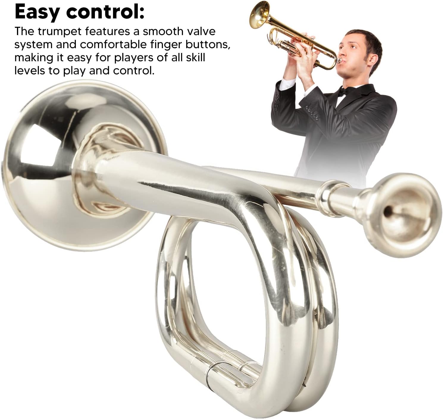 Military Bugle Brass Cavalry Trumpet with Mouthpiece for Beginners Marching Band Cavalry Style Outdoor Ceremonies(Silver)