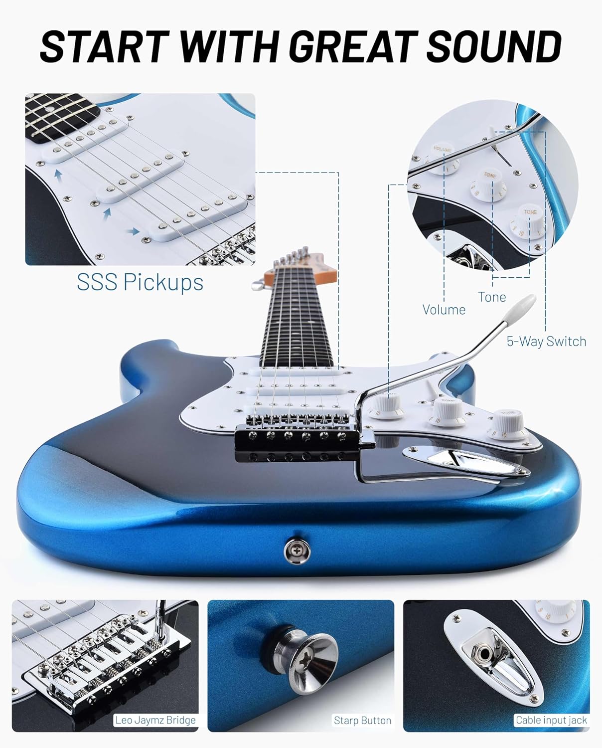 Leo Jaymz Beginner Electric Guitar Complete Kit with Portable Amp, Padded Gig Bag & Full Accessories, Maple Neck SSS Pickups (Blue-Black Fade)
