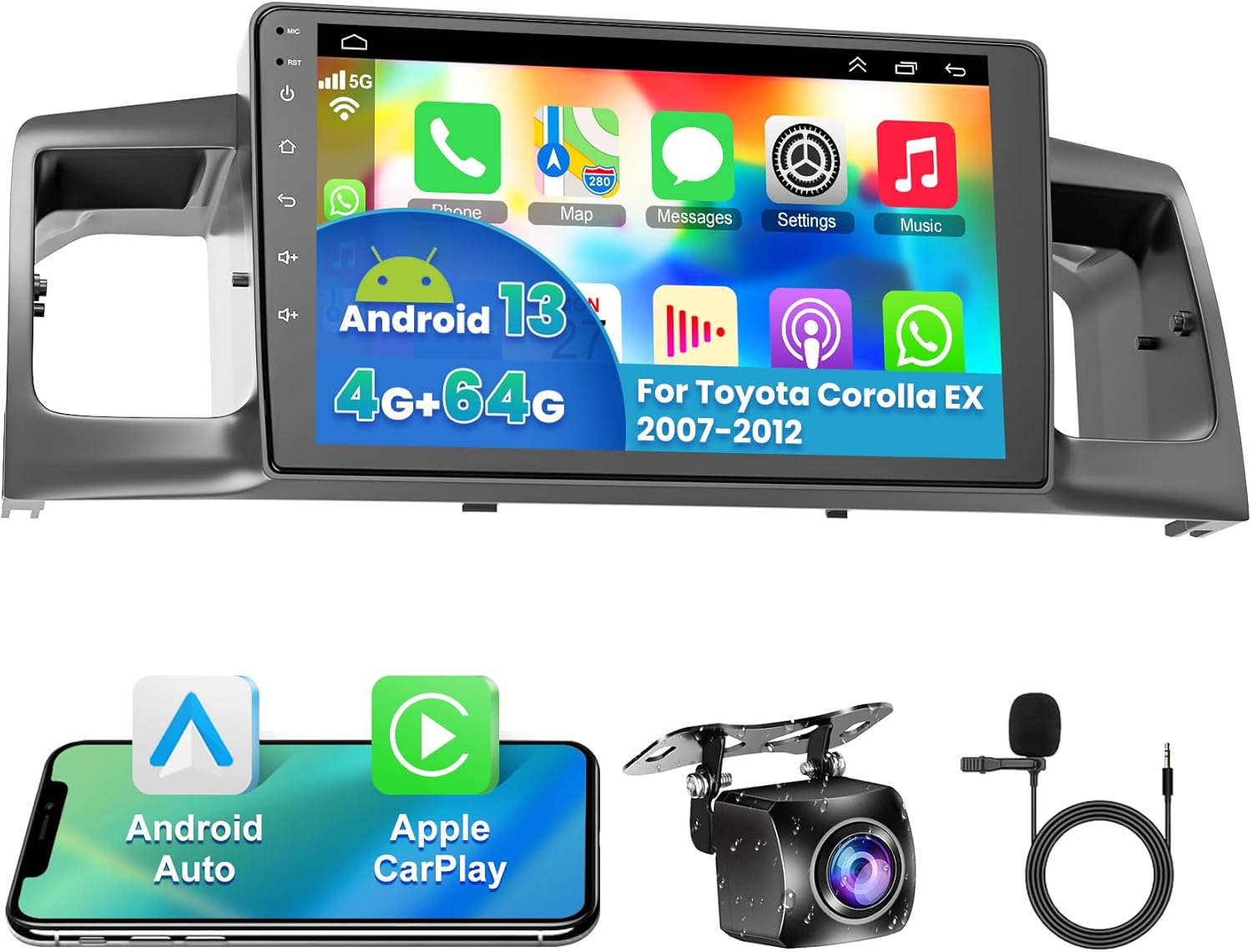 【4+64G】Android 13 Carplay Stereo for Toyota Corolla EX 2007-2012, 9 Inch Touchscreen Corolla Radio with Wireless CarPlay&Android Auto/GPS Navigation/Bluetooth/Voice Control/FM Radio/Backup Camera/SWC