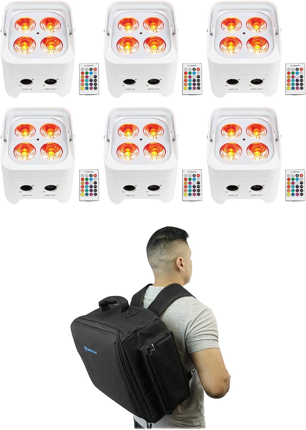 (6) Rockville Best PAR 50 White Rechargeable Wash Lights w/Wireless DMX+Backpack