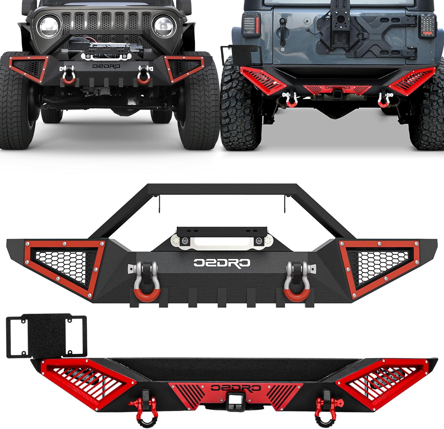 OEDRO Front and Rear Bumper Compatible for Jeep 2018-2026 Wrangler JL JLU Unlimited, Bumper Combo with 2 x LED Lights, 2