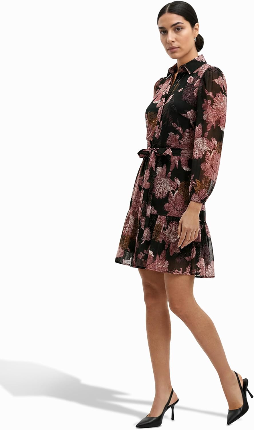 Anne Klein Womens Long Sleeve Tiered Printed Shirt Dress