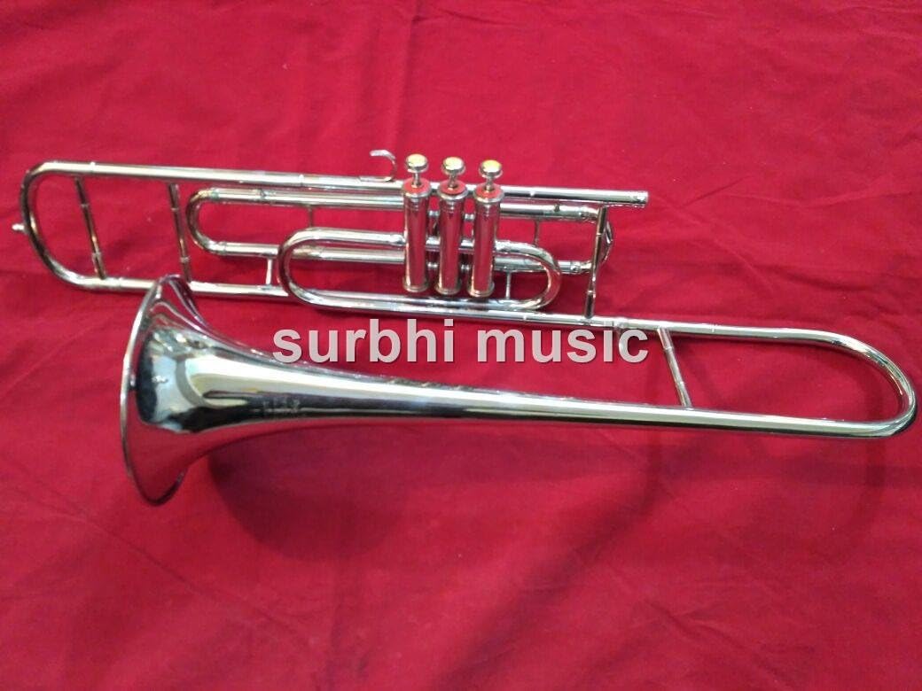 Surbhi Music Silver Chrome Nickle Valve Trombone Bb Flat Trombone With Free Case Box & Mouth Pc.
