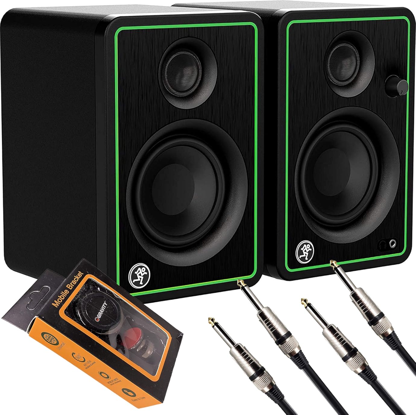 Mackie CR Series Studio Monitor (CR3-X) 3 Inches Creative Reference Multimedia Studio Monitor 50W Power with Pair of EMB Cables (QTQ) and Gravity Magnet Phone Holder Bundle