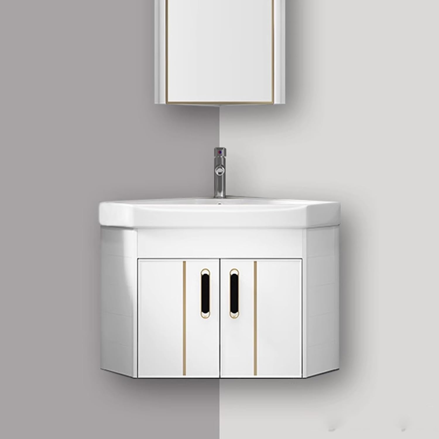 Wall mount Single Floating Bathroom Vanity, Ceramic corner bathroom vanity cabinets, for small corner sink Cabinet Set Design, for Home Kitchen Patio Laundry Room.(Color:White,Size:48*48cm)