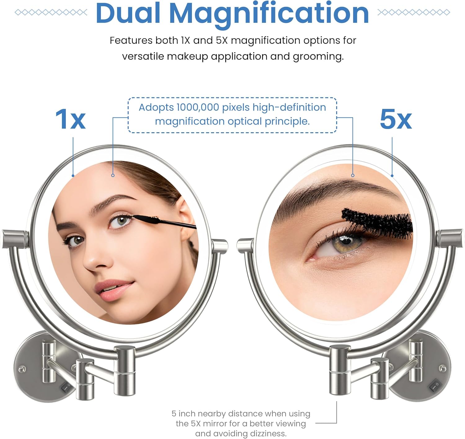 KIBI Circular Wall Mount Makeup Mirror with LED Lights, Dual-Sided 1x/5x Magnifying Mirror with Adjustable Arm, 360° Swivel, Solid Brass Construction for Durability and Style (Brushed Nickel, KMM101)