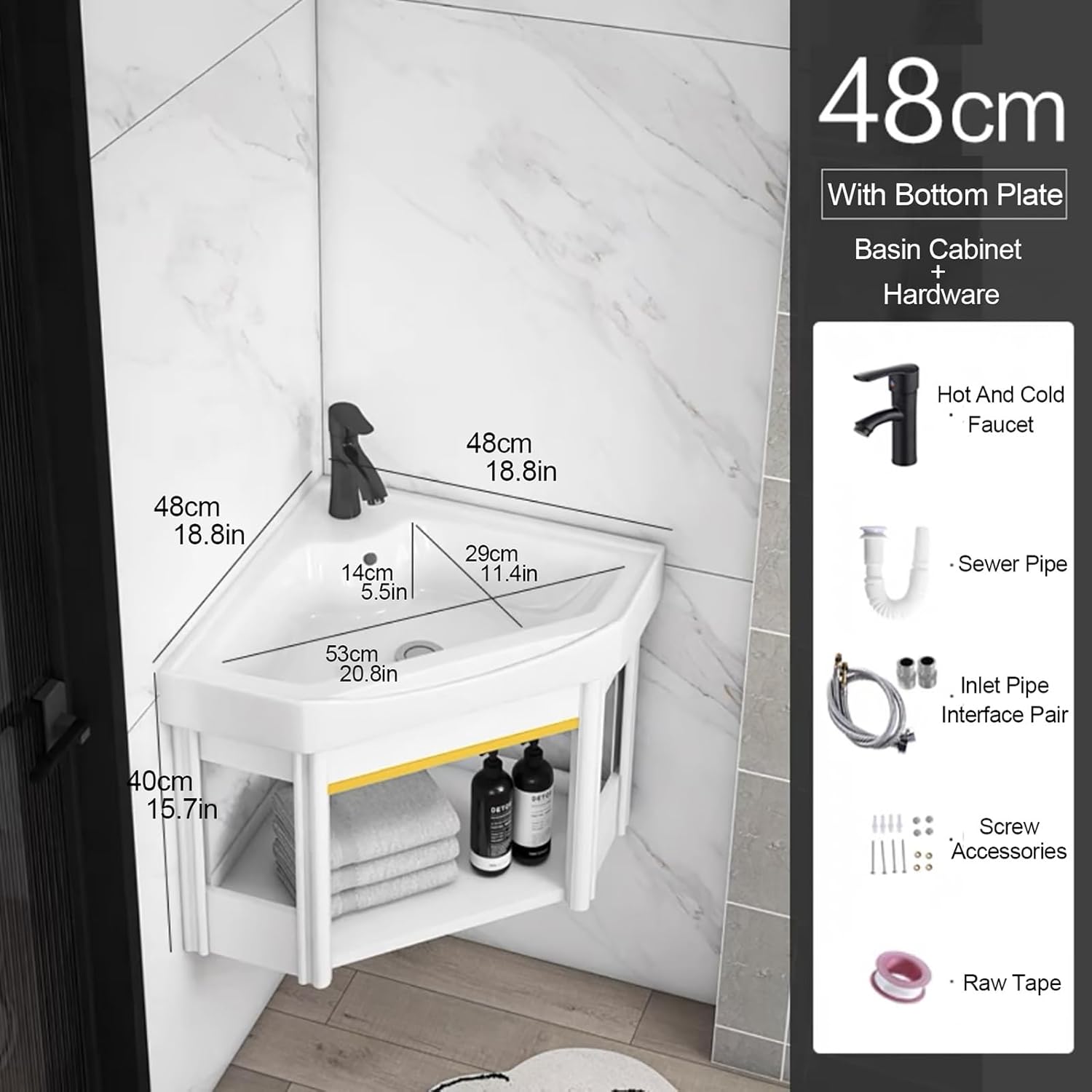 White Vessel Sink, Small Vessel Sink for Bathrooms, Wall Mount Corner Sink, Small Wall Mount Corner Bathroom Sink and Faucet Combo, for Small Space, with Drain, Towel Bar ( Color : A , Size : 48cm/18.