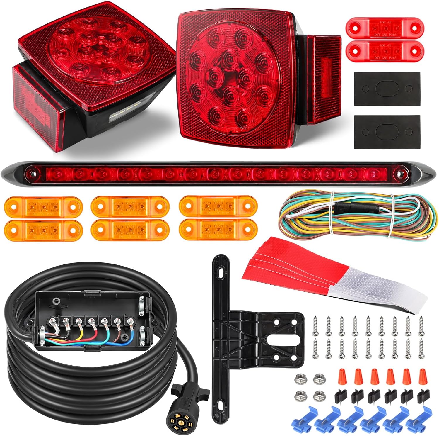 Partsam Submersible LED Trailer Tail Light Kit Square, Heavy Duty 7 Way Plug Inline Trailer Cord with 7 Gang Junction Box Weatherproof 8 Feet Trailer Connector Cable Wiring Harness