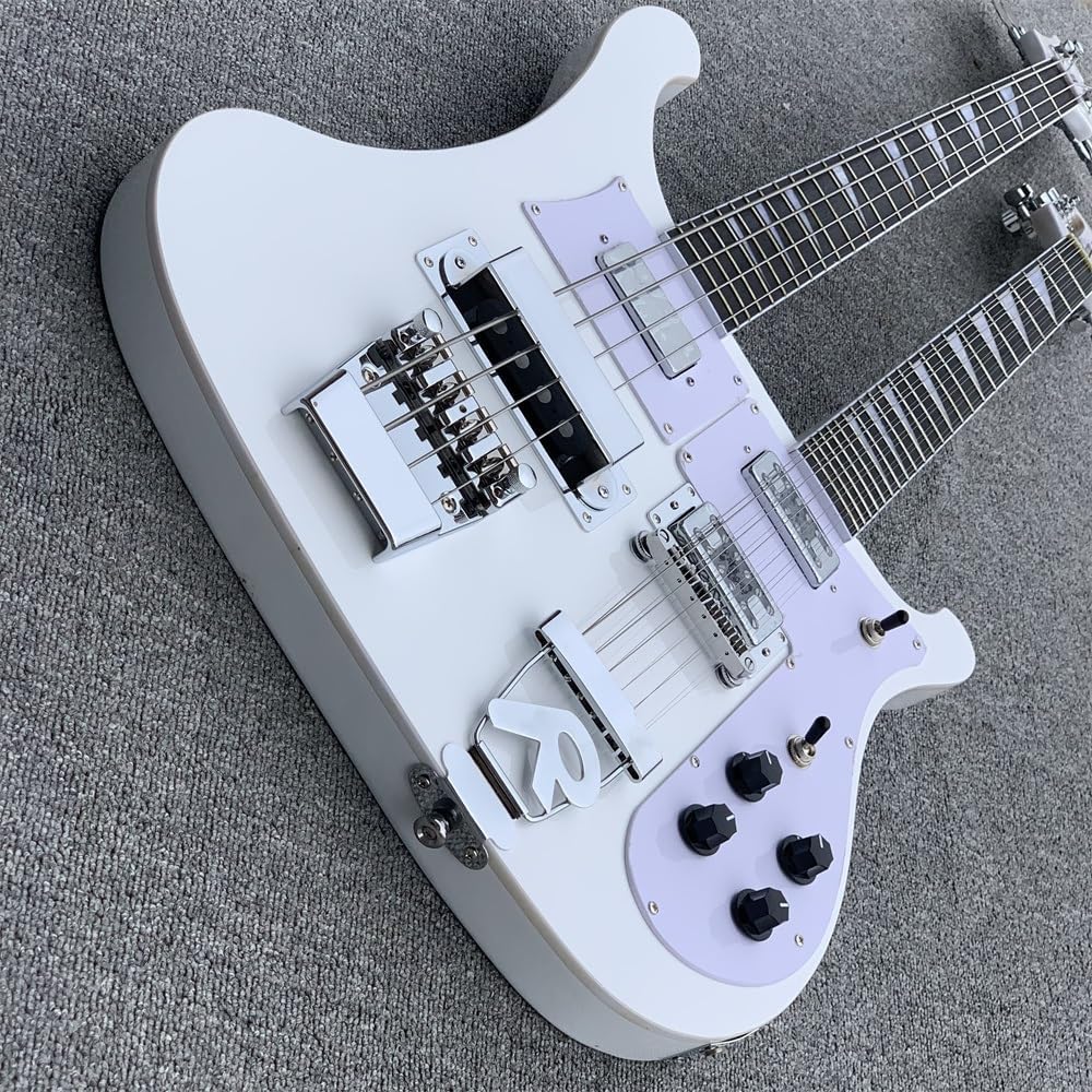 Custom Double Neck 12+4 Strings White body Electric Guitar and Bass with Chrome hardware,White Pickguard,Body binding