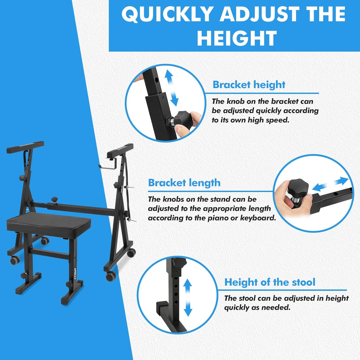 Keyboard Piano Stand, Heavy Duty with Wheels and Pads, Z Style Adjustable Portable Keyboard Stand, Fits 54, 61, 88 Key Electric Keyboards Digital Pianos (Piano Stand + Bench)