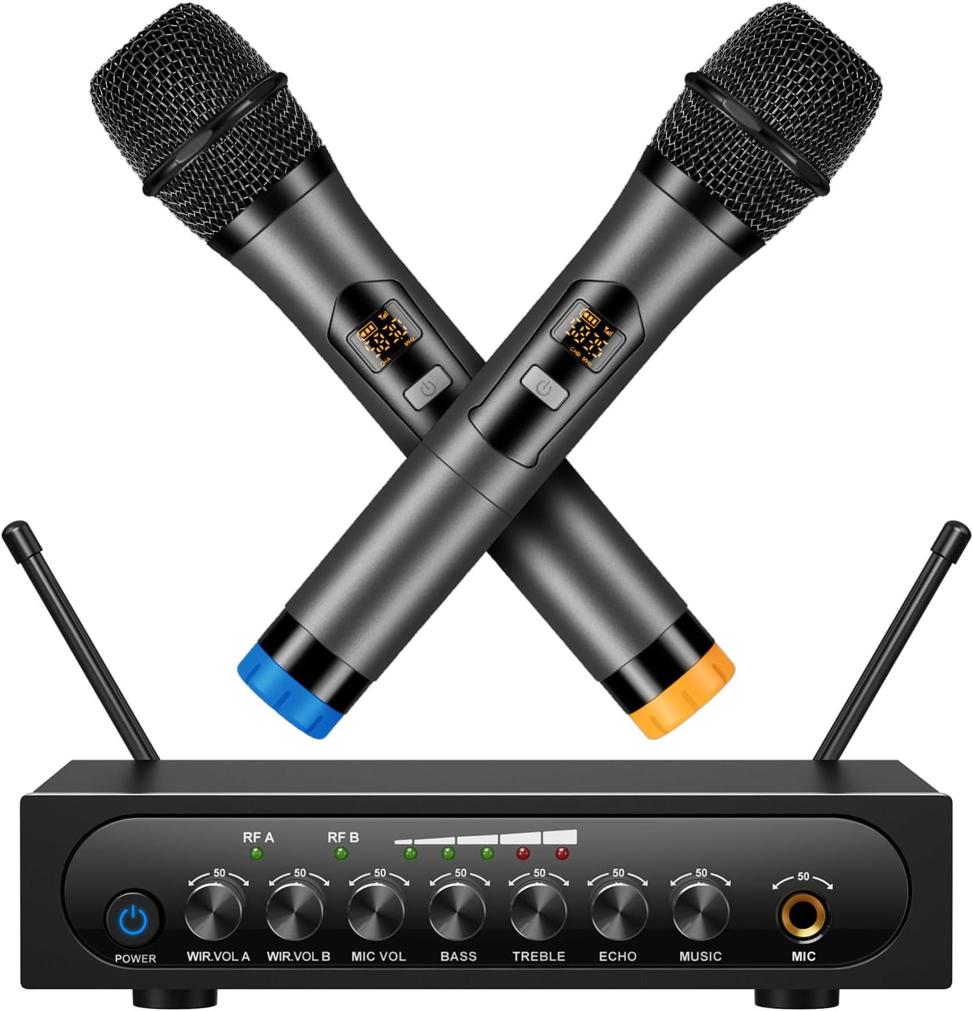 Wireless Microphone System Cordless Dynamic Mic UHF Dual Channel Wireless Handheld Microphone with Echo Bluetooth Volume Control for Karaoke Singing Church for Amplifier Speaker Mixer