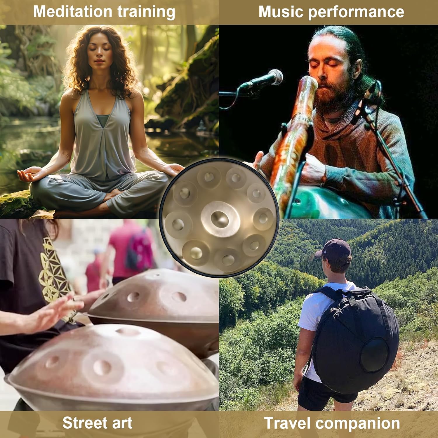 Handpan Drum 22 Inches D Minor Kurd, 432Hz 10 Notes Hand Drum Instrument, Premium Steel Drum, Handpan Instrument for Adults (Gold)