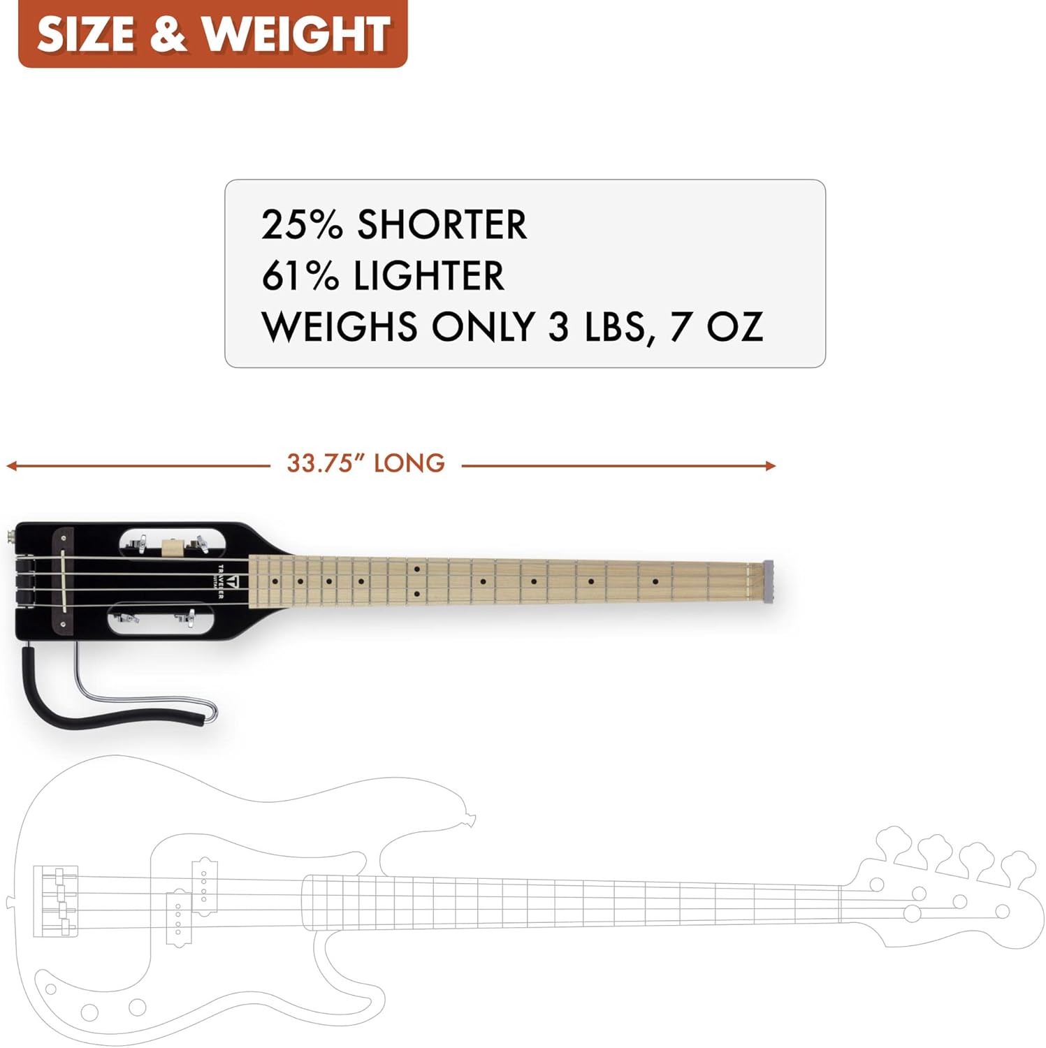 Traveler Guitar Ultra-Light Gloss Black Bass Guitar | Small Bass Travel Guitar with Removable Lap Rest | 30