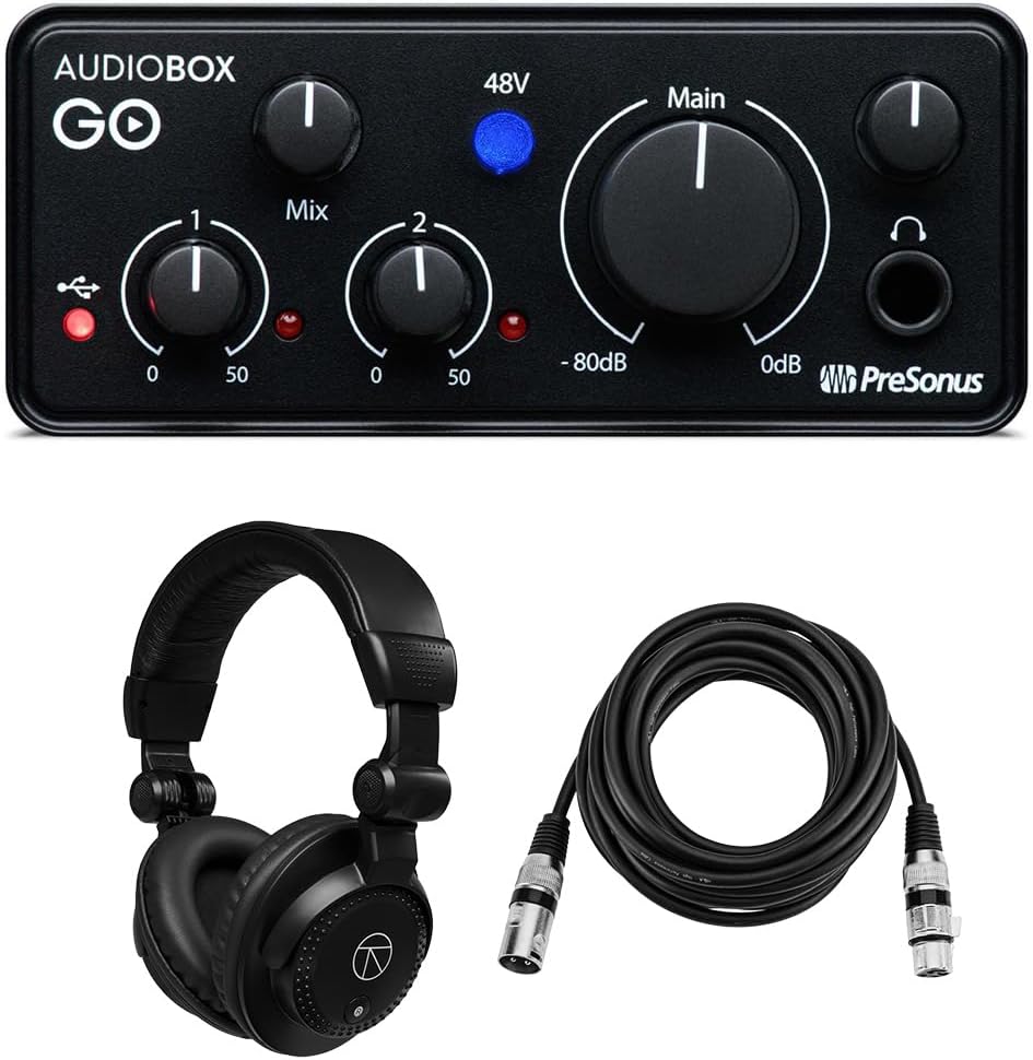 PreSonus AudioBox GO 2x2 USB Recording Interface, Bundle with Turnstile Audio TAPH100 Headphones and H&A 15' XLR Microphone Cable
