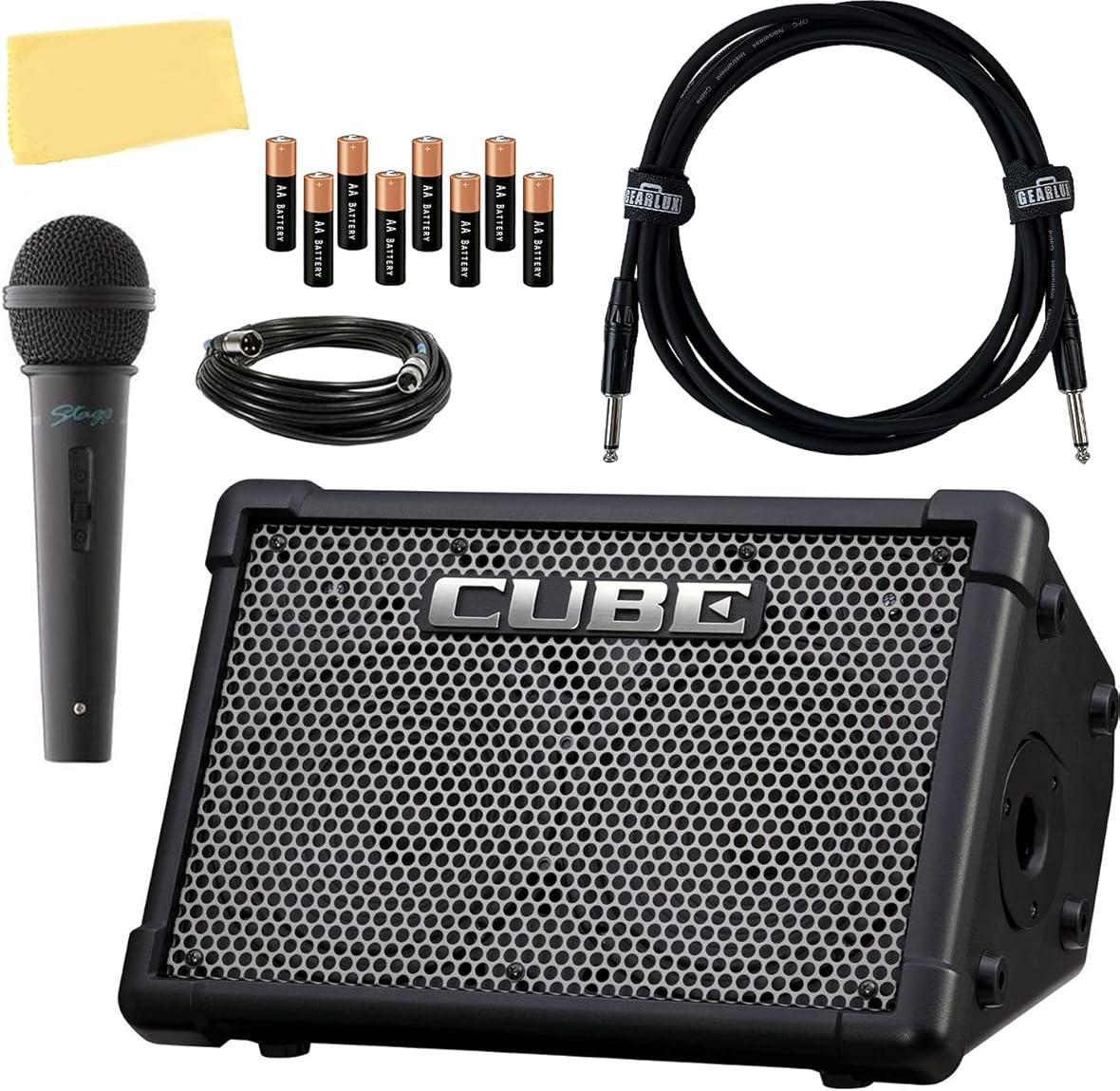 Roland Cube Street EX 4-Channel 50-Watt Battery-Powered Amplifier Bundle with Microphone, Instrument Cable, Batteries, and Austin Bazaar Polishing Cloth