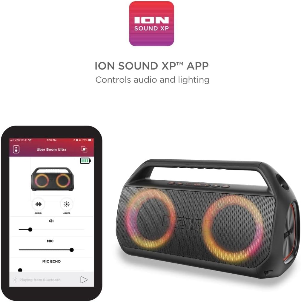 Ion Uber Boom Ultra - Water Resistant 80W Portable Bluetooth Party Speaker with Lights, Battery, Built-in Microphone, and AUX Input (Renewed)