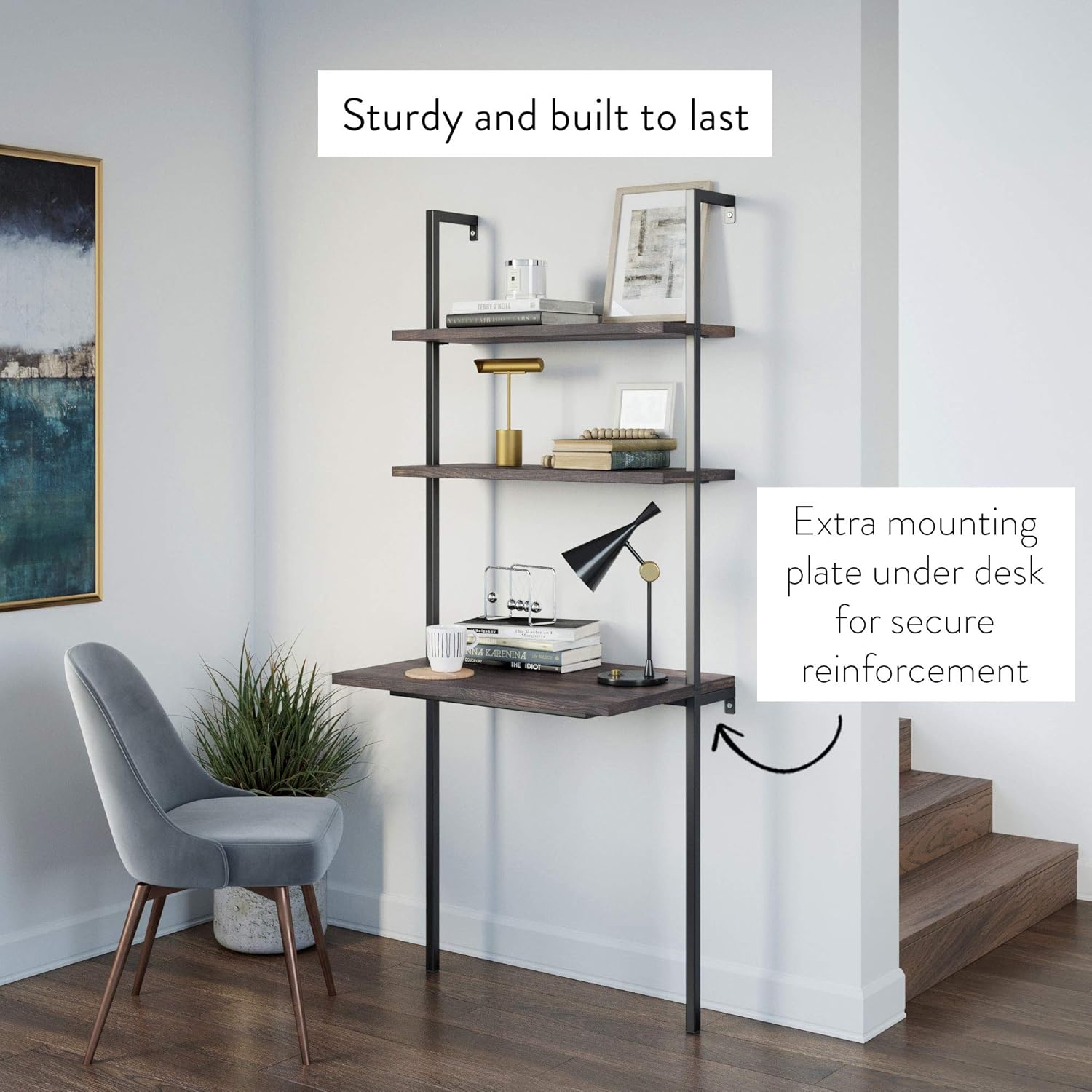 Nathan James Theo 2-Shelf Industrial Wall Mount Ladder Table, Small Computer or Writing Desk, Nutmeg/Matte Black