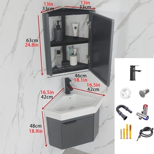 Freestanding Multi-Layer Kitchen Floor Cupboard，Corner Bathroom Sink Cabinet with Wall-Mount Ceramic Sink and Mirror, Space-Saving Storage Solution for Easy Installation in Bathroom and Kitc