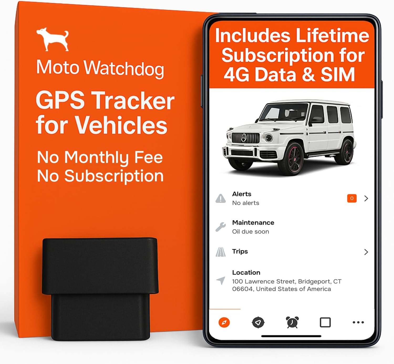GPS Tracker for Vehicles, No Monthly Fee, No Subscription with Real-Time Location, Mileage Tracking, Speeding Monitoring, Route History, Geofence, OBD, for Fleets & Families, USA, Moto Watchdog