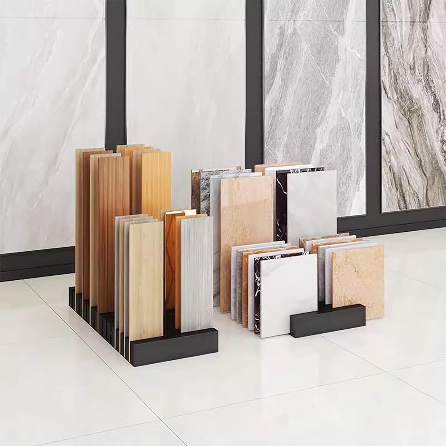 Rectangle Commercial Floor Tile Display Shelf,Floor Tile Display Stand,Wooden Floor Sample Holder,Ceramic Tile Shelf Sample Door Stand (Color : Black, Size : Card Slot 2.1cm)