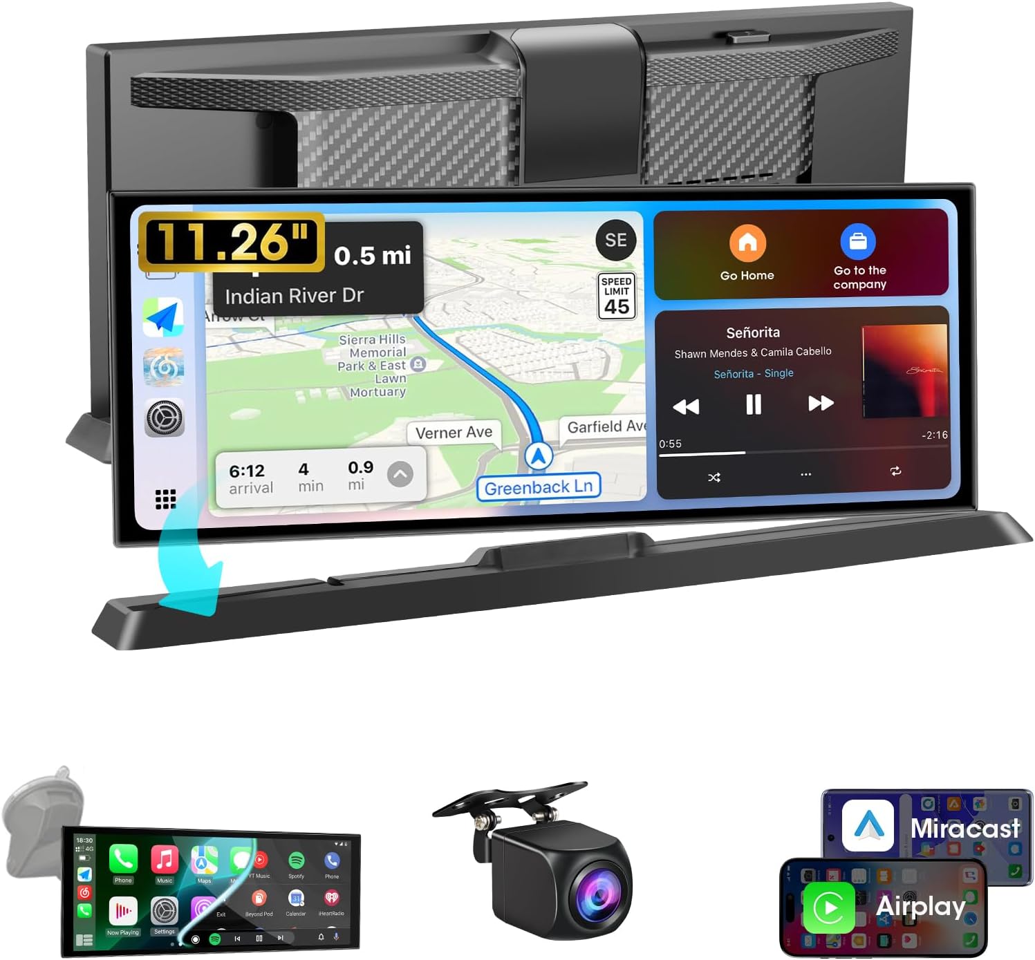 【Limited-Time】 11.26 inch Apple Carplay Screen for Car Wireless Car Play & Android Auto with Backup Camera/Bluetooth/GPS Navigation/Voice Control/Mirror Link/Videos/OEM Style Bracket
