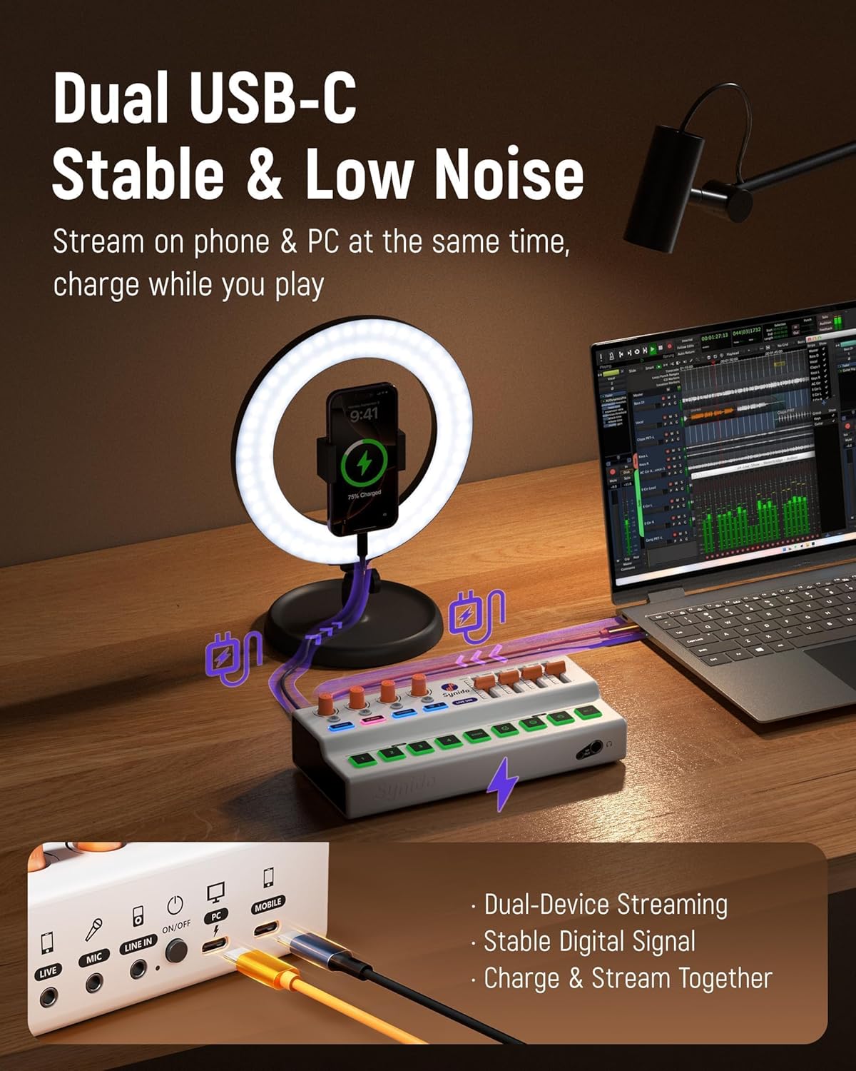 Synido Wireless Audio Interface Live Sound Card and Midi Pad Controller, Portable Beat Maker Machine with Drum Pads