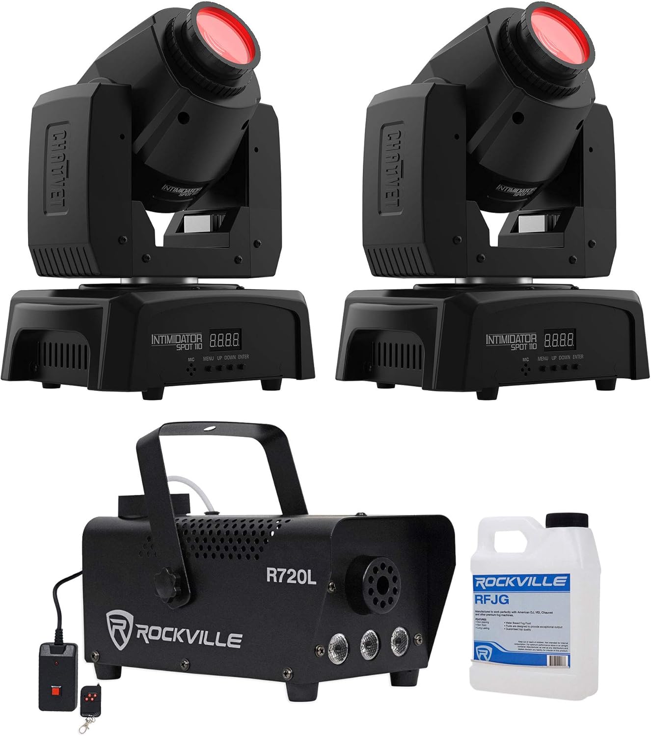 (2) Chauvet Intimidator Spot 110 Compact Moving Head Lights+LED Fog Machine