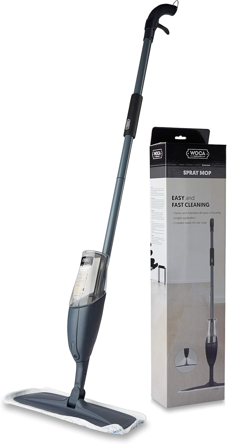 WOCA Spray Mop – Now with a Stronger, More Durable Handle! Lightweight, Refillable Mop for Hardwood, Laminate, Tile & More with Washable Pad