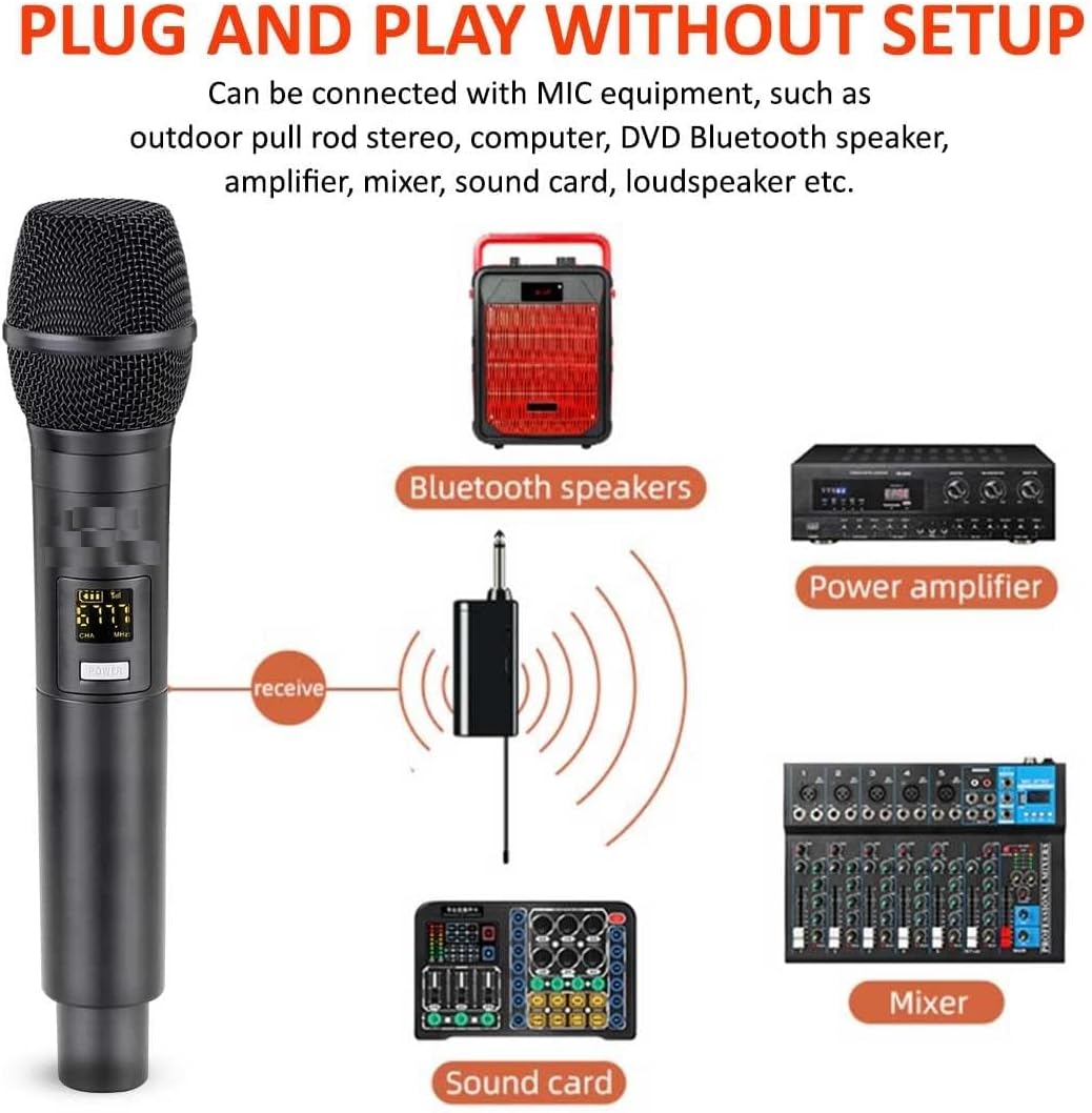 Wireless Mic, Microphone, Karaoke Handheld mic System 6.35mm Jack, 30-50 Meter Cordless Range for House Parties, Karaoke Singing,Wedding,School Presentation, Speaker,Amplifier