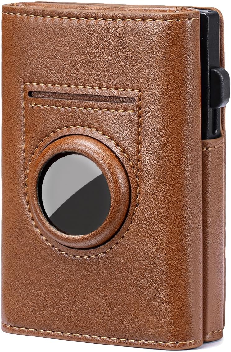 Men's RFID Blocking Smart Wallet Genuine Leather AirTag Compatible Pop-Up Card Case 9-14 Capacity with ID Window Brown (Caramel Brown)