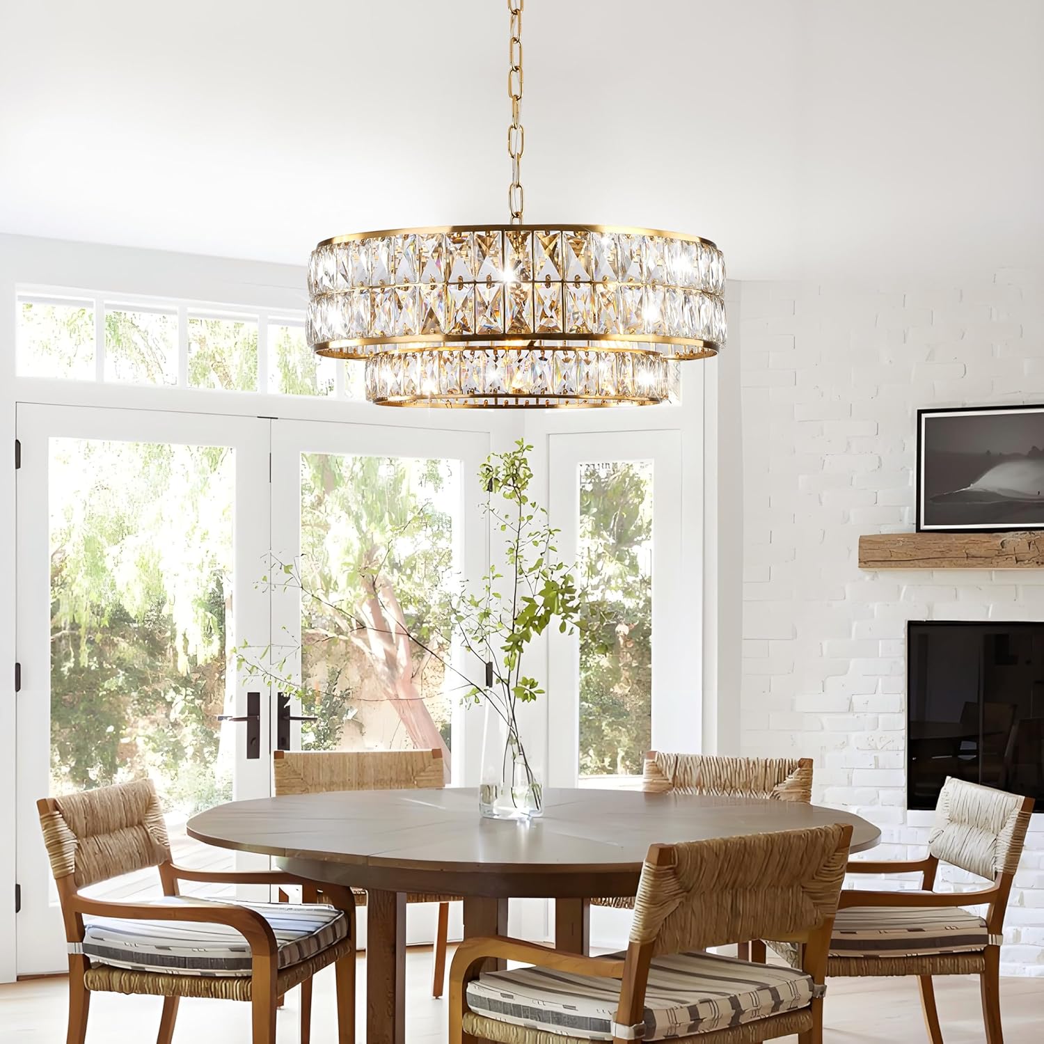 20 Inch Contemporary Luxury Crystal Chandelier, 6-Light Gold Semi-Flush Mount Ceiling Fixture, Round Crystal Pendant Design Perfect for Living Room, Dining Room, Kitchen, Foyer & Bedroom