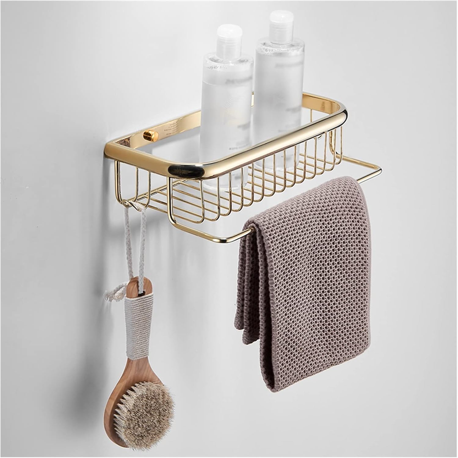 Shower Caddy Bathroom Shelf Pale Gold Towel Holder Wall Mount，Bathroom Towel Rack,24.4 Inches Foldable Wall Double Towel Holder，Mounted Multifunctional Rack Shower Organizer ( Size : Storage basket )
