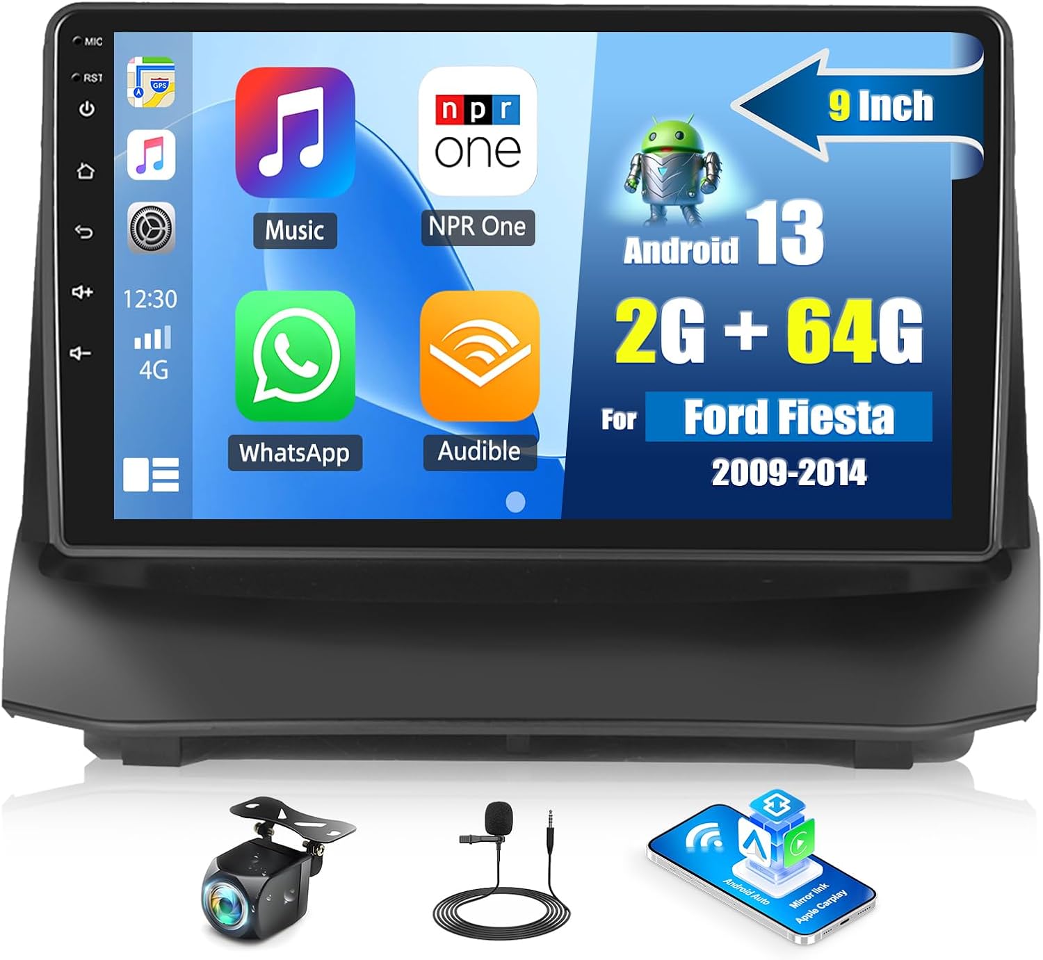 SIXWIN Android Car Stereo for Ford Fiesta 2009-2014 with Carplay Android Auto Mirror Link 9 inch Touchscreen with GPS Navigation WiFi 26UI Bluetooth FM Backup Camera