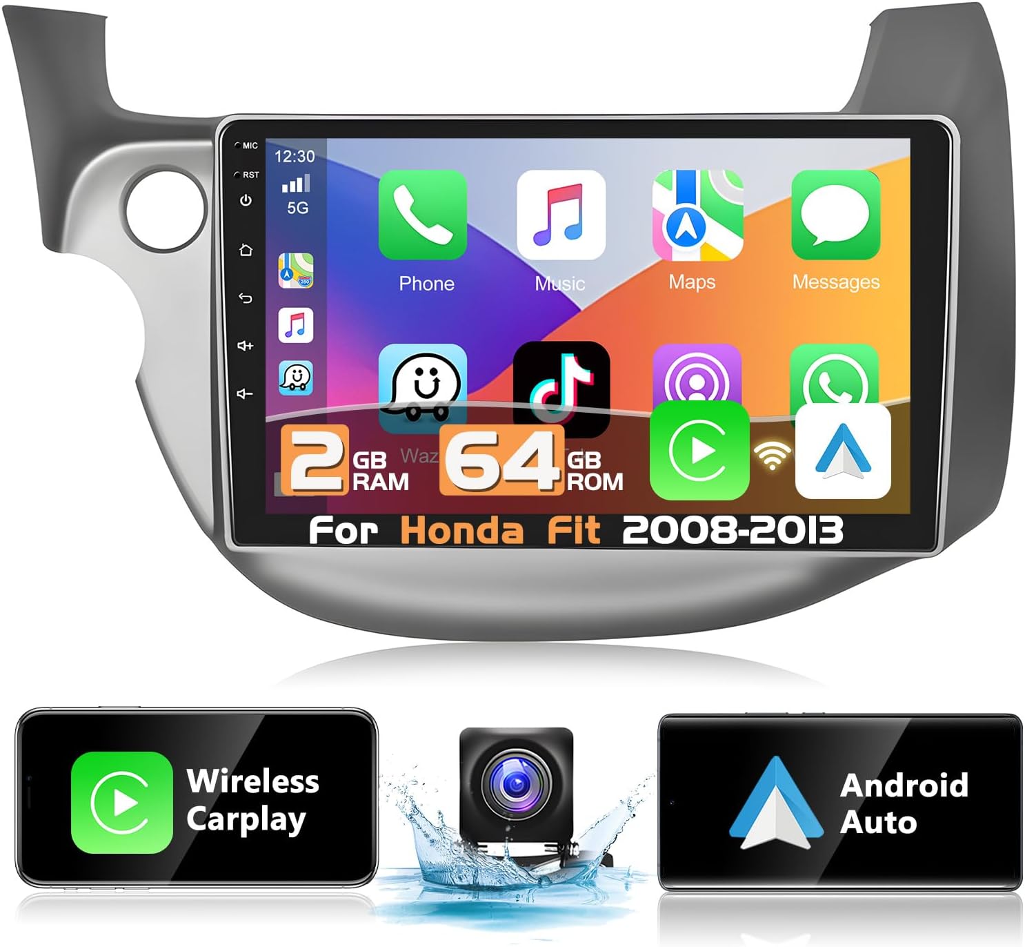 Podofo 2+64G Wireless Apple Carplay Android Auto Car Stereo for Honda Fit 2008-2013,10.1 Inch Car Radio Touchscreen with GPS/Bluetooth/WiFi/FM&RDS Radio/HiFi/Steering Wheel Control+AHD Backup Camera