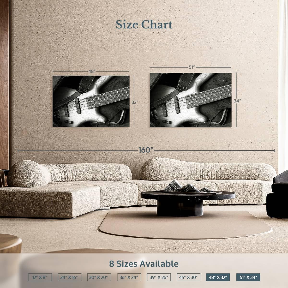 ElephantStock - Monochromatic Bass Guitar Wall Art - Horizontal Canvas Wall Art - Living Room Wall Decor - Photography Music Canvas Art - Black And Gray Decor - 51