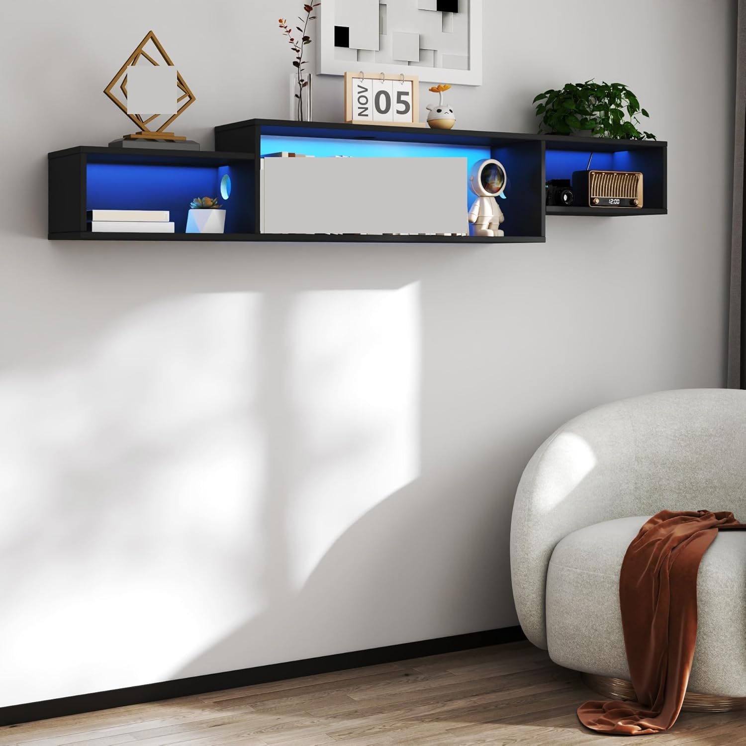 5.35in Wall Mounted Floating TV Stand with 20 Color LEDs and Charging Station TV Stand for Living Room Decor, Office,Easy Assembly