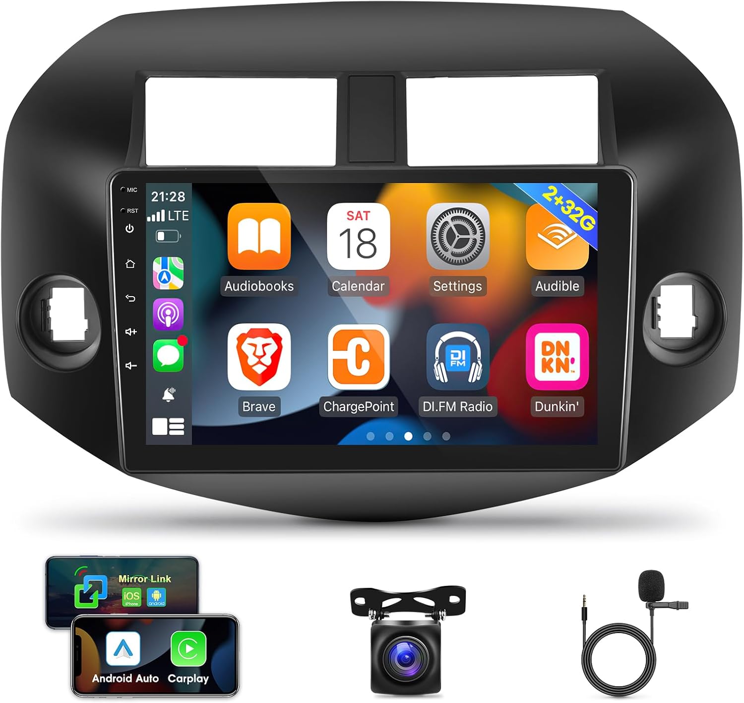 [2G+32G] Car Radio for Toyota RAV4 2007 2008 2009 2010 2011 2012, 10.1 inch Android Touch Screen Stereo, Carplay/Android Auto/Mirror Link/1080P/SWC/Bluetooth/WiFi +AHD Backup Camera+MIC