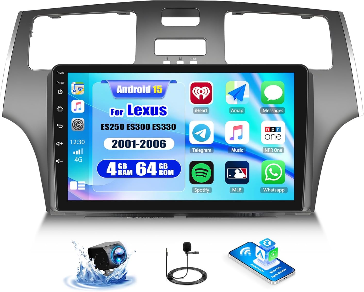 4G+64G Android 13 Car Stereo for Lexus ES250 ES300 ES330 2001-2006 9 Inch Touch Screen with CarPlay Android Auto Bluetooth Weather Forecast 59UI GPS Navigation WiFi Network Radio