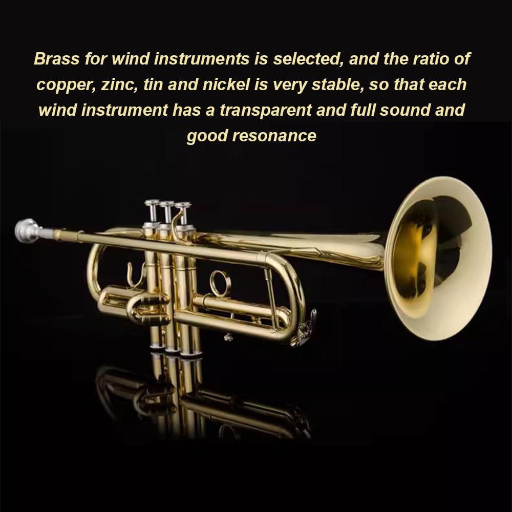 B-Flat Trumpet Suitable for Beginners, Brass Lacquered Gold Wind Instruments for Professional Performance Examinations, Western Instruments for Bands