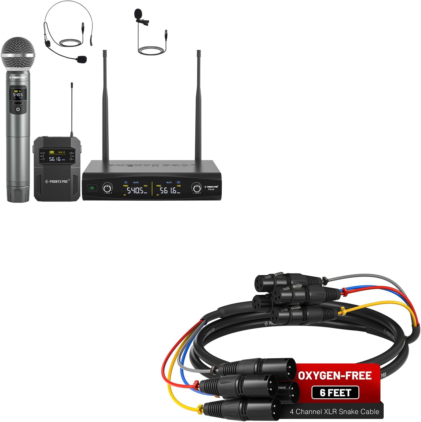 Phenyx Pro UHF Wireless Handheld Microphone System PTU-52-1H1B Bundle with 6Ft XLR Snake Cable