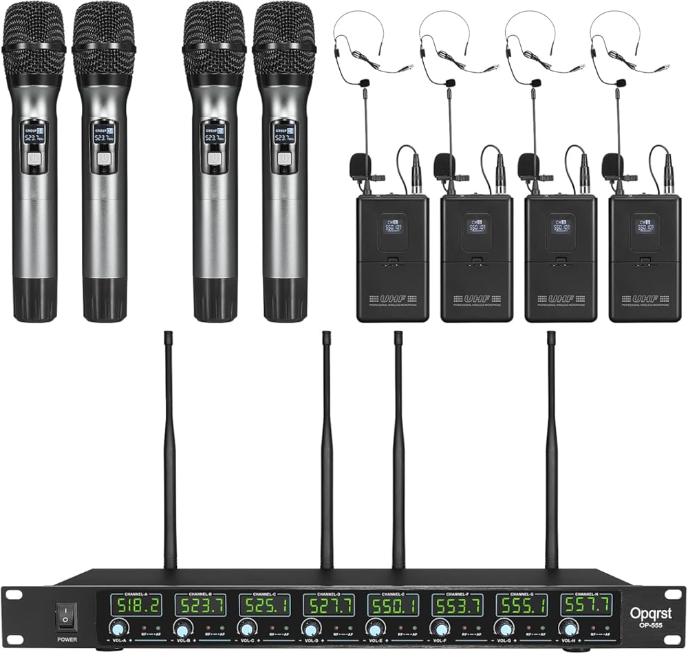 Wireless Microphone System 8 Channel UHF 4 Handheld 4 Bodypack Headset Lapel Mics Fixed Frequency Metal Cordless Microphone for Church Singing DJ Wedding Party Ktv