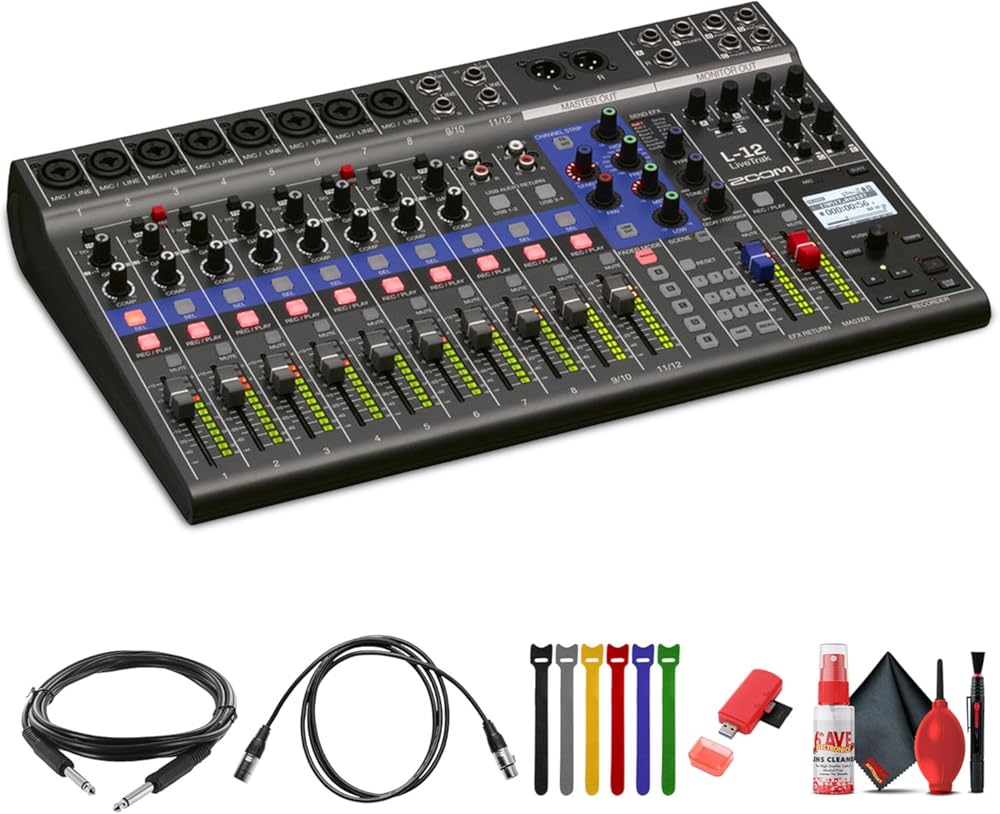 Zoom LiveTrak L-12-12-Channel Digital Mixer & Multitrack Recorder Bundle With 4x AA Batteries + Charger + Extreme Pro 64GB microSDXC Memory Card + XLR Female to Male Cable + More