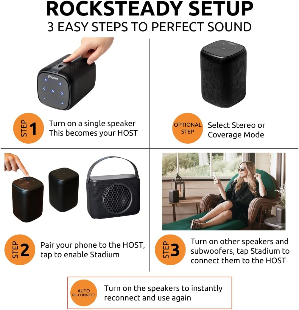Rocksteady Stadium 2: Two Speakers and One Subwoofer 2.1 Bundle - Immersive, connectible, and up to 150 ft of Range. Up to 30 Hours of Battery Life.